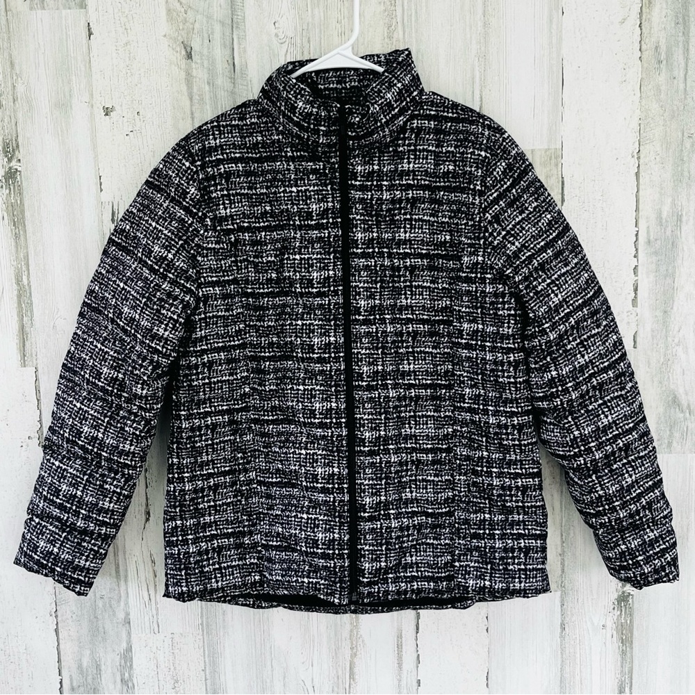 Lands’ End Women’s Full Zipper Puffer Coat Size Medium 10-12 Black/White/Gray